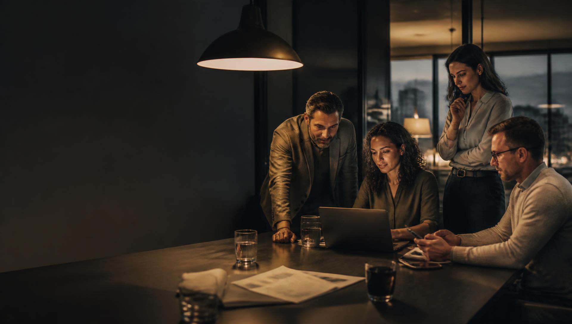 Equipe reunida ao redor de um laptop em escritório ao entardecer